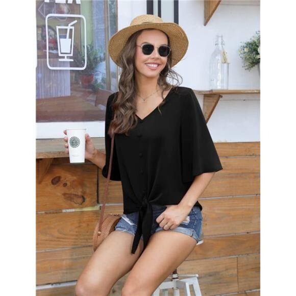 Women's Casual V-Neck Batwing Sleeve Top – Tie-Front Chiffon Blouse - Picture 4 of 5